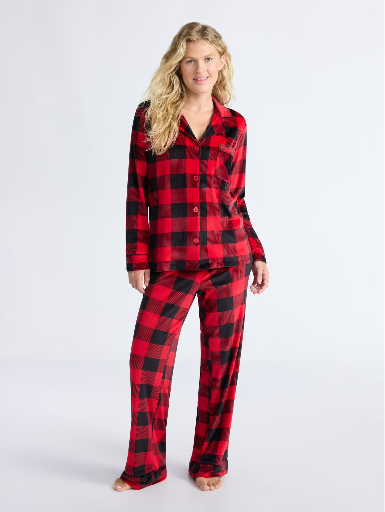Joyspun Women's Stretch Velour Notch Collar Long Sleeve Pajama Set (Brilliant Red Buffalo Plaid, 2-Piece)