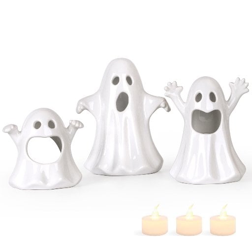 Sunlit Ceramic Ghost with 3 Tea Lights (Set of 3)