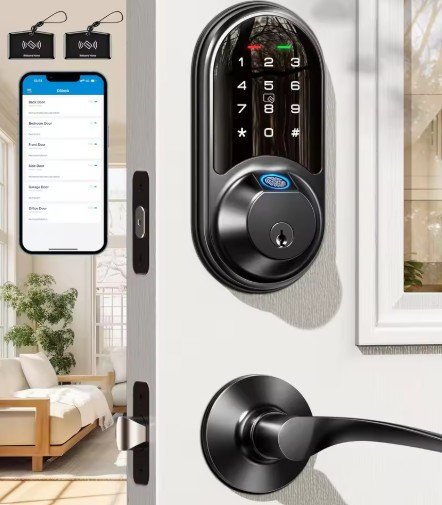 Veise RZ07B Smart Locks for Front Door, 2 Lever Handles, Fingerprint Keyless Entry