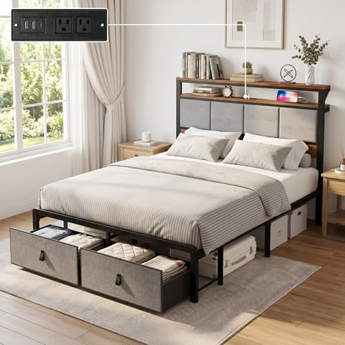 Bovono Metal Platform Bed Frame w/ 2 Storage Drawers, Charging Station & 2-Layer Shelves (Full, Grey)