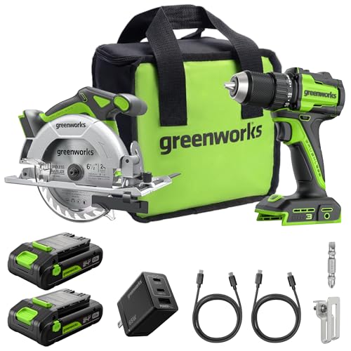 GREENWORKS 24V 1/2" Brushless Cordless Drill (400 In-lbs.) + 6.5" Circular Saw (4,800 RPM) with (2) 2.0Ah Batteries Deal