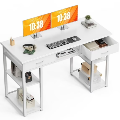 CONCETTA 48″ Small Desk with Fabric Drawers & Storage Shelves