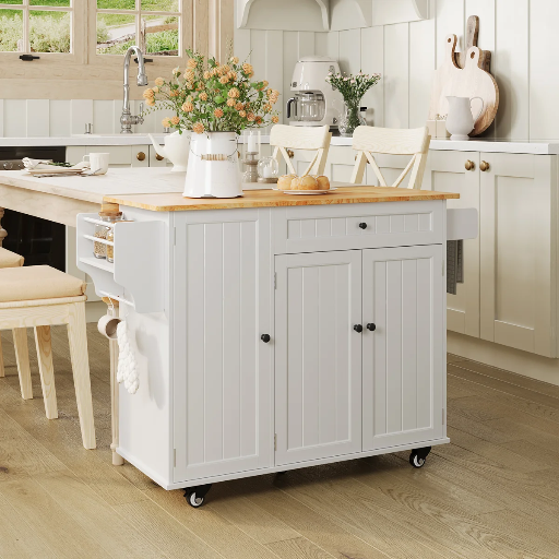 Winston Porter Modern Wood Top Rolling Kitchen Island Cart w/ Drop Leaf (White)