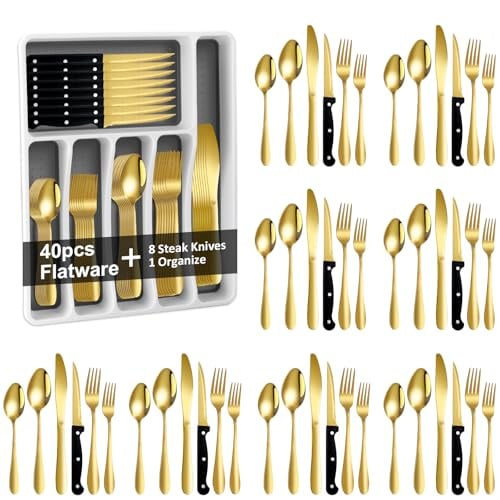 49-Piece Silverware Set with Organizer in Gold