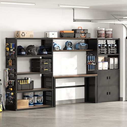 FLEXIMOUNTS 129" 3-in-1 Modular Garage Storage Cabinet System w/ Workbench, Shelves & 2 Cabinets (Black)