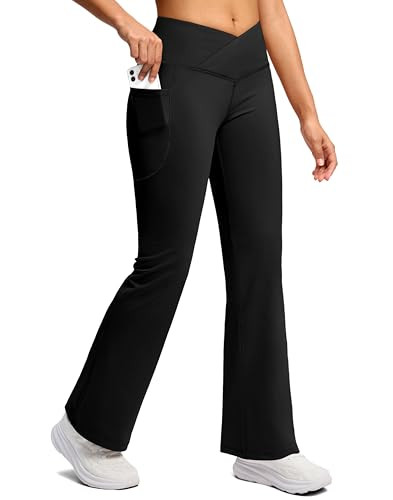 Women's Fleece Lined Crossover Yoga Pants with Pockets