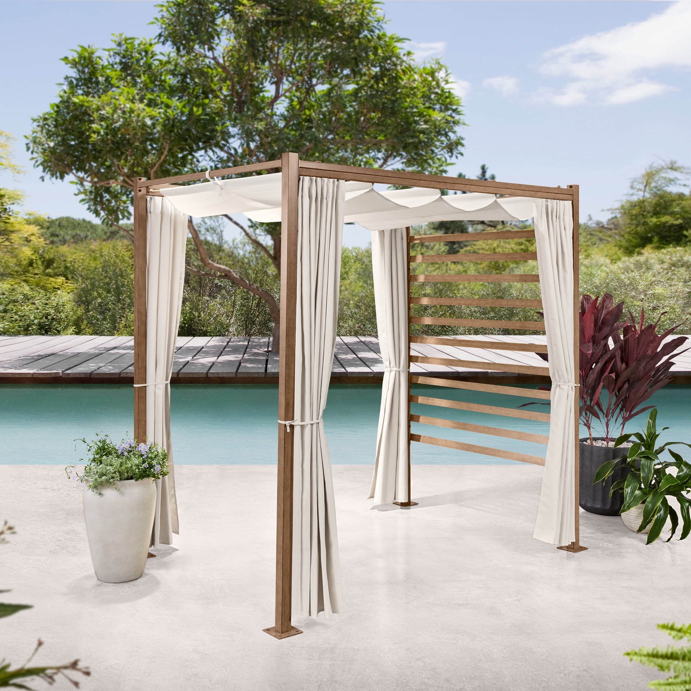 Better Homes & Gardens Marlow Pergola Outdoor Living Privacy Shade with 1 Retractable Pergola Shade and Curtains, Creme