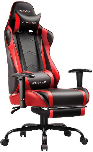 GTRACING Ergonomic Gaming Chair with Lumbar Support, PU Leather, Footrest & Adjustable Headrest, Red