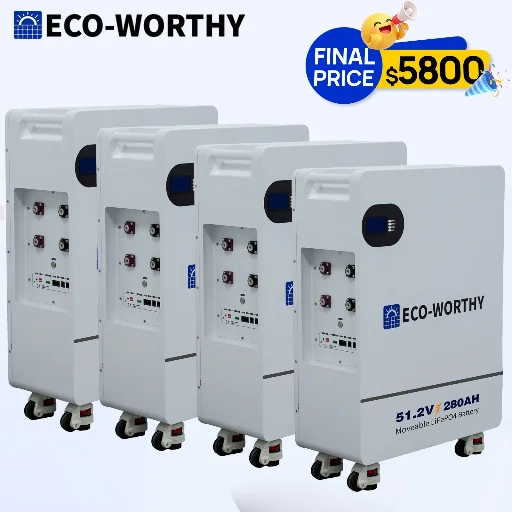 4 Pack ECO-WORTHY 51.2V 280AH LiFePO4 Battery Vertical Standing Backup