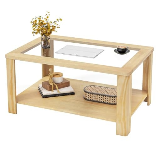 Tangkula 2-Tier Rectangular Wooden Coffee Table w/ Tempered Glass Tabletop & Storage Shelf