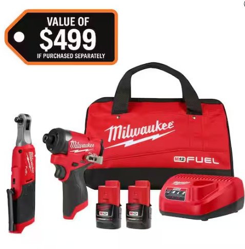 Milwaukee M12 FUEL 12V 3/8 in. Ratchet and 1/4 in. Impact Driver Kit with 2x 2.0 Batteries