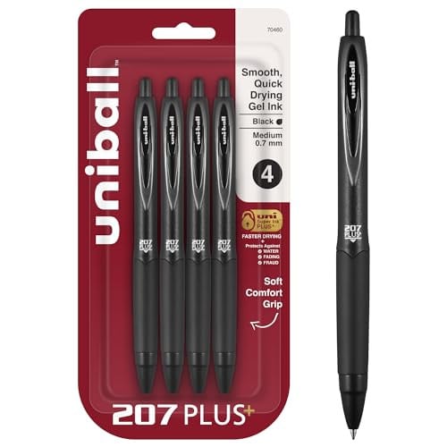 uniball 207 Plus+ Retractable Gel Pens, Medium Point, 0.7mm, Black Ink, 4-Pack