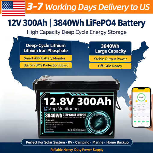 PWOD 12V 300Ah LiFePO4 Battery 3840Wh Built-in 200A BMS