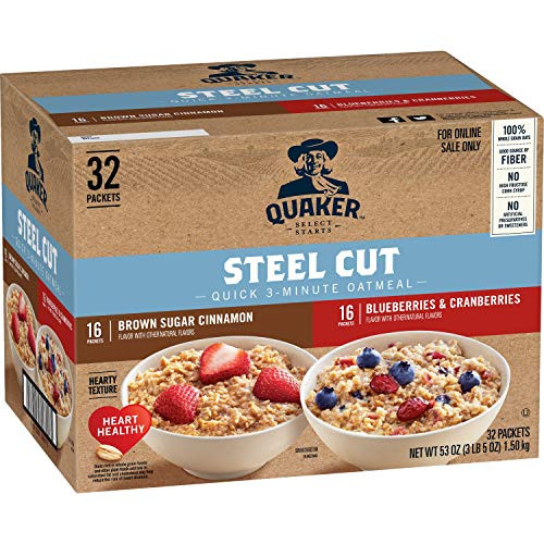 Quaker Steel Cut Quick 3-Minute Oatmeal, 2 Flavor Variety Pack, 32 Count