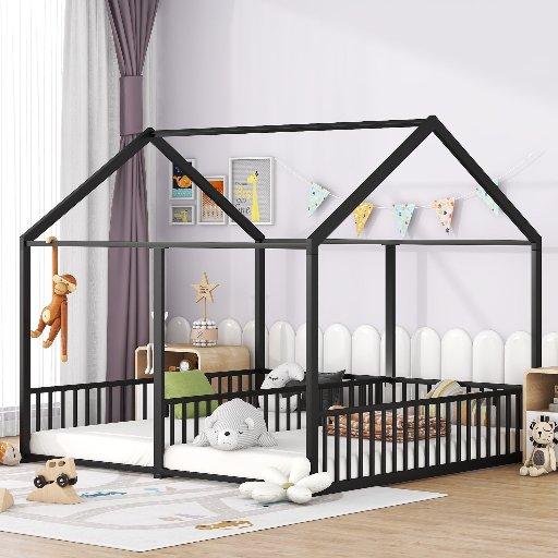 Euroco Metal Side by Side Double Twin House Canopy Floor Bed Frame
