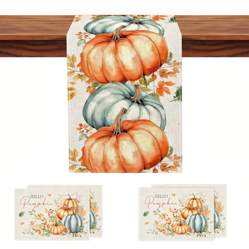 YOPINCO 13 x 72 Inch Fall Halloween Pumpkin Table Runner with Placemats, Set of 4