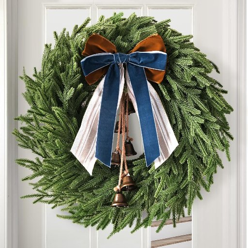 22" Norfolk Pine Christmas Wreath with Bells and Ribbon