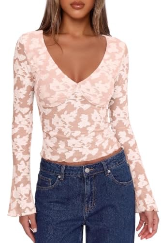 PINKMSTYLE Long Sleeve Mesh Sheer V Neck Tops