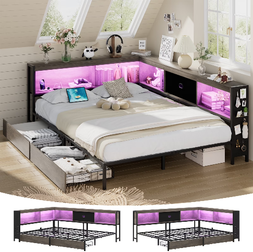 Lusimo Full Corner Bed Frame with Bookcase Storage and LED Lights & Charging Station Deal