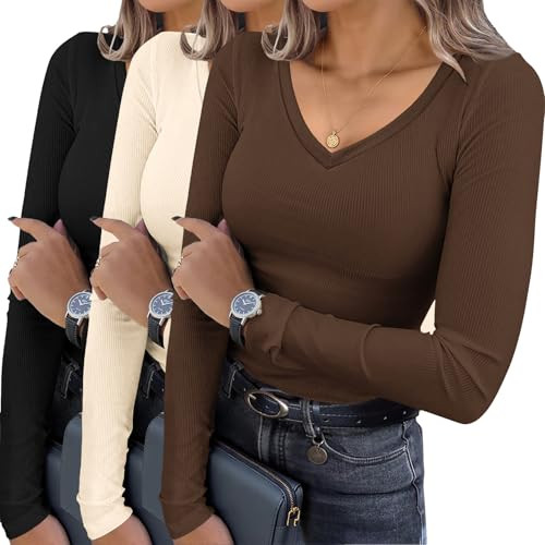 V Neck Ribbed Slim Fit Basic Tops - 3 pack