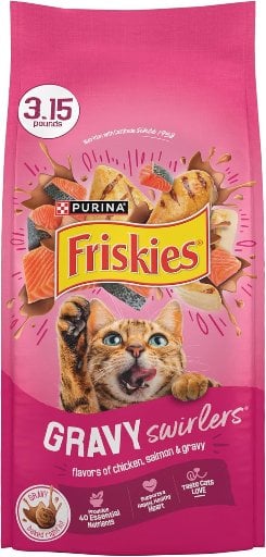 Purina Friskies Gravy Swirlers With Flavors of Chicken, Salmon and Gravy Dry Cat Food 3.15 lb. Bag Deal