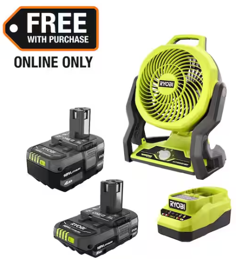 Ryobi One+ 18V 4.0Ah + 2.0Ah Batteries & Charger Kit w/ Hybrid Whisper Series 7.5" Fan