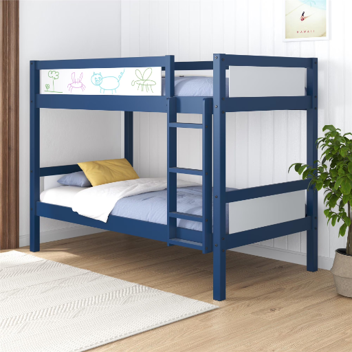 DHP Adrian Kids’ Solid Wood Bunk Bed with Dry Erase Board, Twin over Twin, Navy Blue