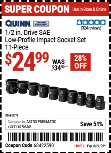 QUINN 1/2 in. Drive SAE Low-Profile Impact Socket Set 11 Piece Deal