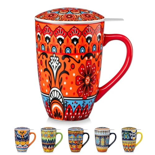 Vancasso Bohemian Pattern Ceramic Tea Infuser Mug with Lid 18-Oz