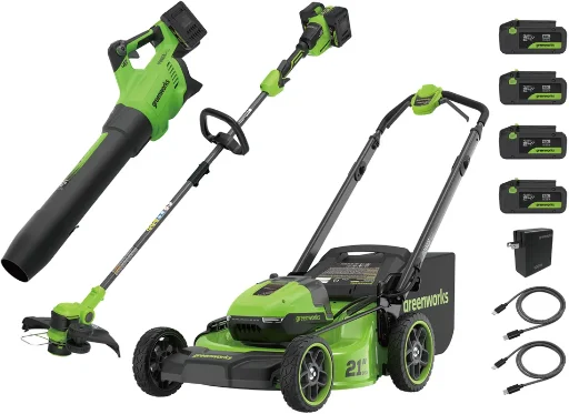 Greenworks 2x24V (48V) 21” Mower + Trimmer + Blower Combo Kit w/ 4x 4Ah Batteries