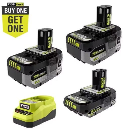 RYOBI ONE+ 18V Lithium-Ion High Performance Starter Kit w/ 2.0Ah Battery, (2) 4.0Ah Batteries & Charger + 1 Select Tool Deal