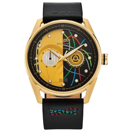 Citizen Men's Eco-Drive Star Wars C-3PO Watch, Black Leather Strap, Yellow Dial, Day/Date (Model: BU4026-05W)