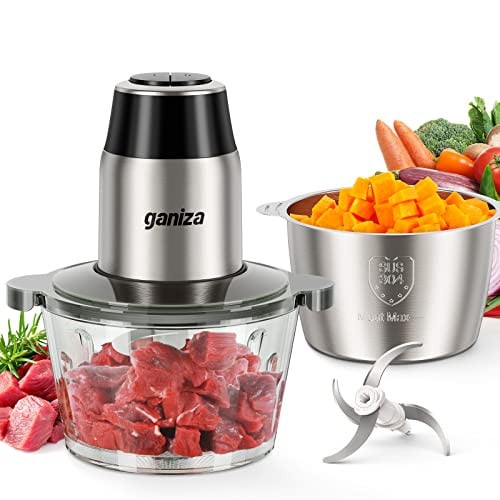 GANIZA Electric Food Chopper with Meat Grinder & Vegetable Chopper - 2 Bowls (8 Cup+8 Cup) 450W