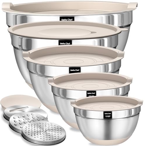 Umite Chef Mixing Bowls with Airtight Lids Set, 8PCS Stainless Steel Khaki Nesting Bowls with Grater Attachments 5, 4, 3.5, 2, 1.5QT