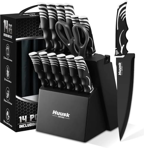 Huusk ATS-34 Steel Kitchen Knife Block Set w/ Built-In Sharpener (Black)