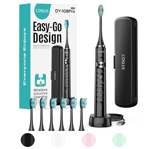 COSLUS 47000 VPM Electric Sonic Toothbrush w/ Travel Case & 6 Brush Heads (Black)