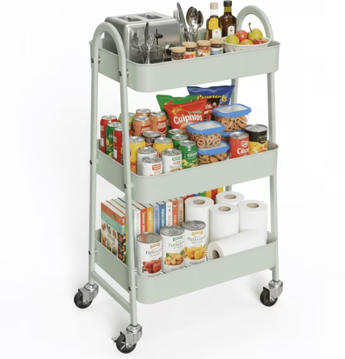 Edx 3 Tier Rolling Cart, Metal Utility Storage Cart with Lockable Wheels, Green