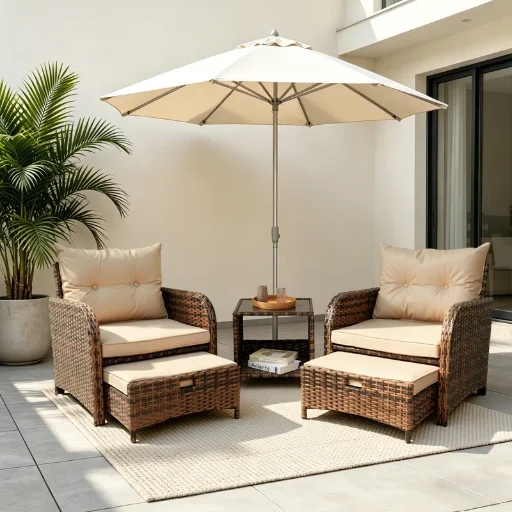 2-Person Outdoor All-Weather Wicker Conversation Set with Ottomans and Tempered Glass Coffee Table