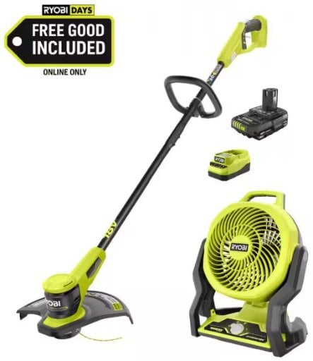 RYOBI ONE+ 18V 13 in. Cordless Battery String Trimmer with 2.0 Ah Battery & FREE 7-1/2" Fan Deal
