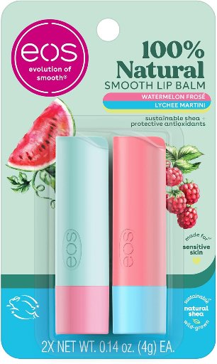 eos 100% Natural Lip Balm Sticks - Watermelon Frosé and Lychee Martini, 2-Pack