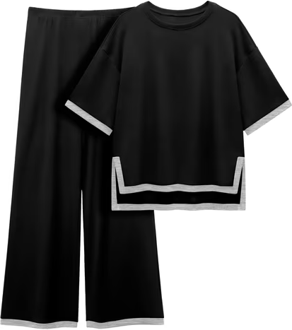 MINTREUS Women's Cotton 2-Piece Loungewear Short-Sleeve Round-Neck Pullover Top Wide-Leg Pants Women's PJ Casual Set S-4X Deal