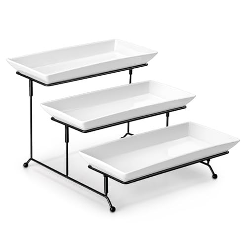 MALACASA 12" 3-Tier Porcelain Serving Trays & Stand (White)