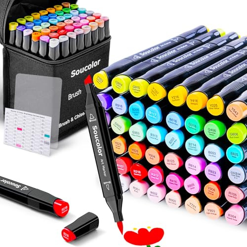 Soucolor 51 Colors Alcohol Markers Brush Tip & Dual Tip
